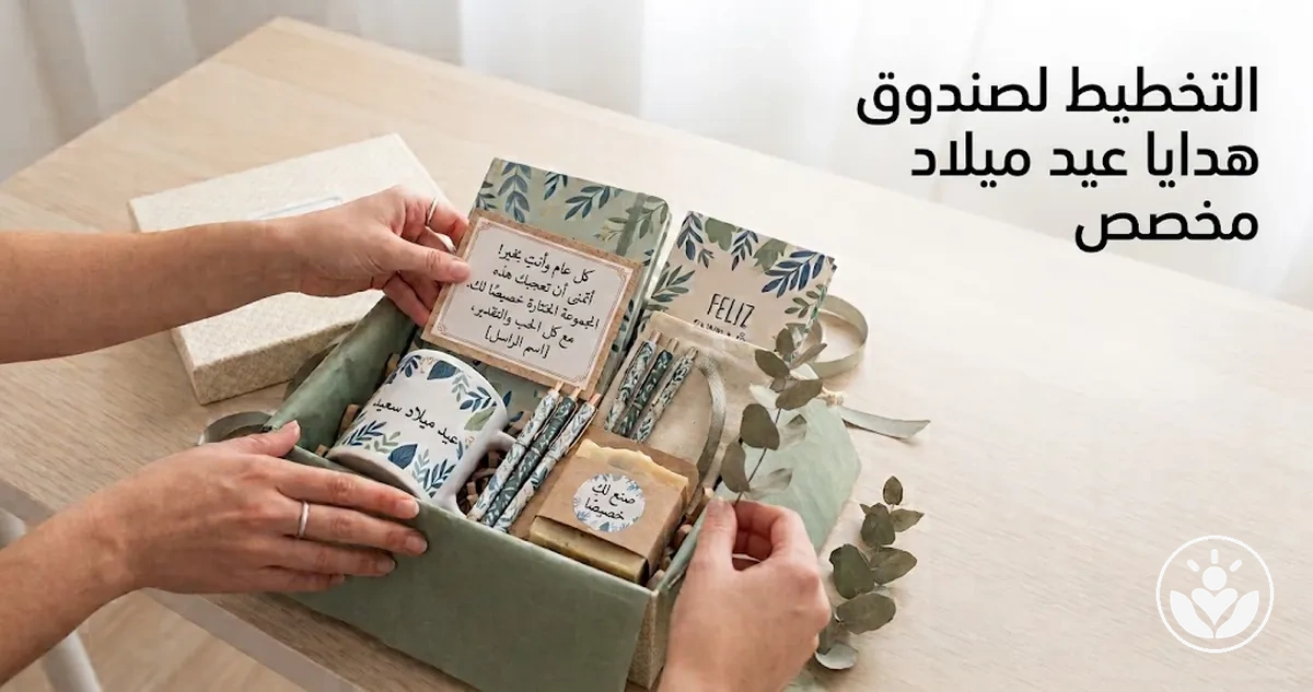 صندوق هدايا عيد ميلاد مخصص بعناصر متناسقة مع الثيم وبطاقة شخصية