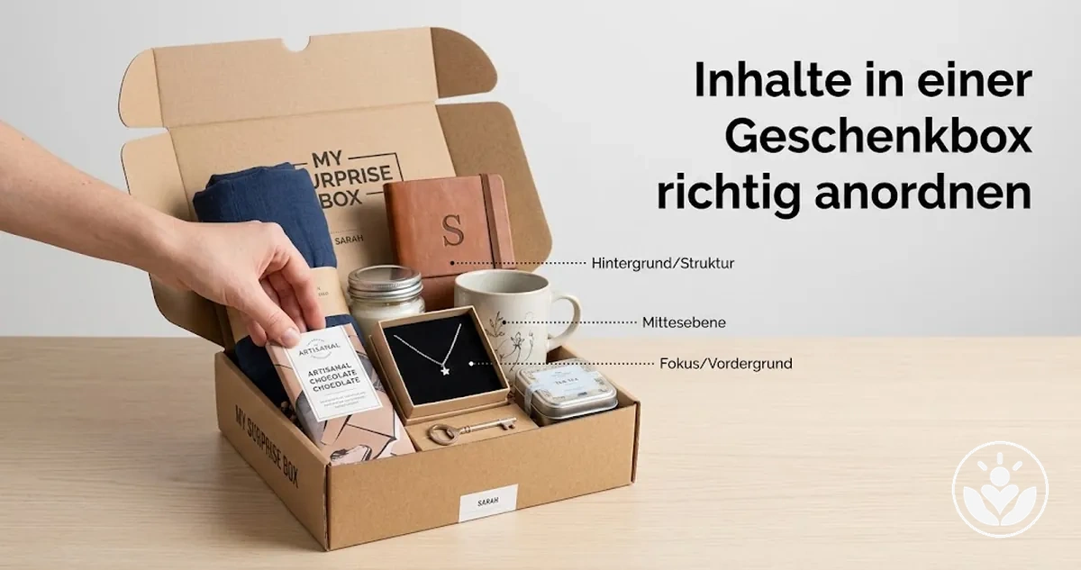 Personalisierte Geschenkbox mit nach Größe und Höhe angeordneten Inhalten und einem klaren Blickfang