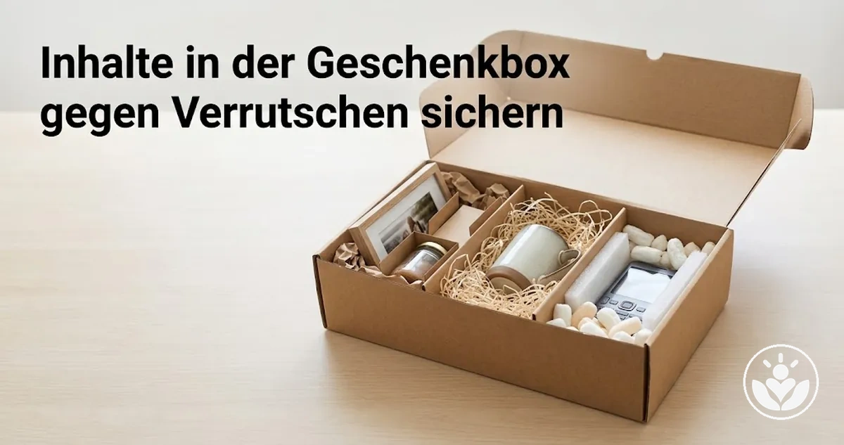 Inhalte einer Geschenkbox mit Füll- und Polstermaterial gegen Verrutschen gesichert