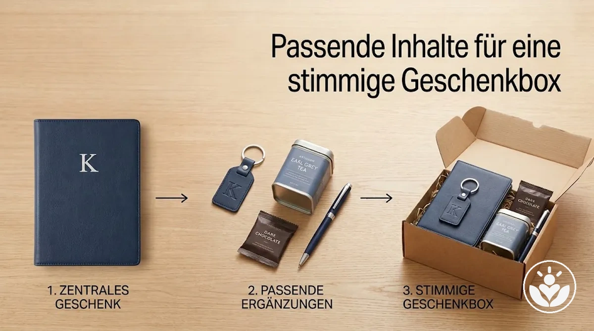 Stimmige personalisierte Geschenkbox mit einem zentralen Geschenk und passenden Ergänzungen