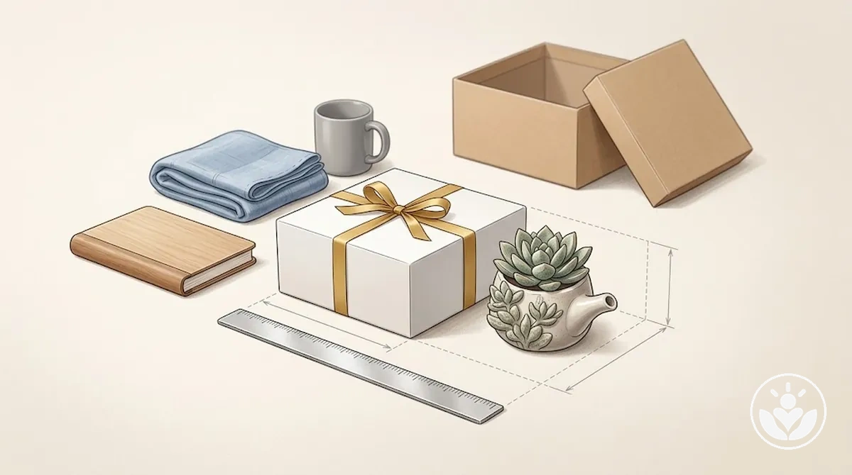 Geschenkinhalte auf einer ebenen Fläche zum Messen vor der Boxauswahl