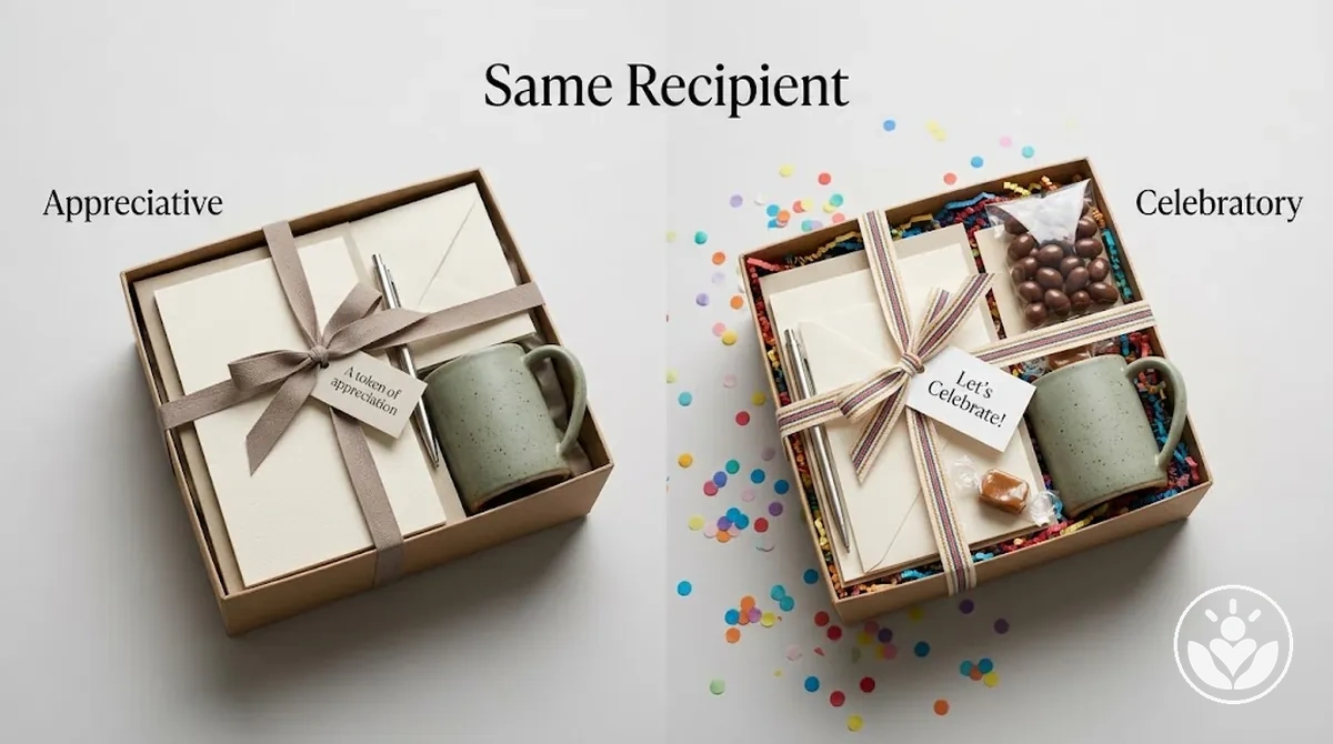 Thema einer Geschenkbox, an verschiedene Anlässe angepasst bei gleichbleibenden Empfängervorlieben.