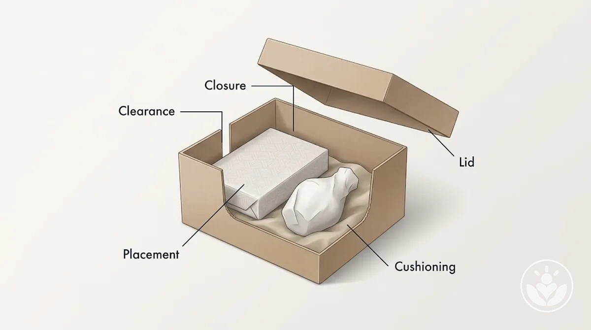 Geschenkinhalt in einer Box mit Spielraum für Platzierung und Deckelverschluss