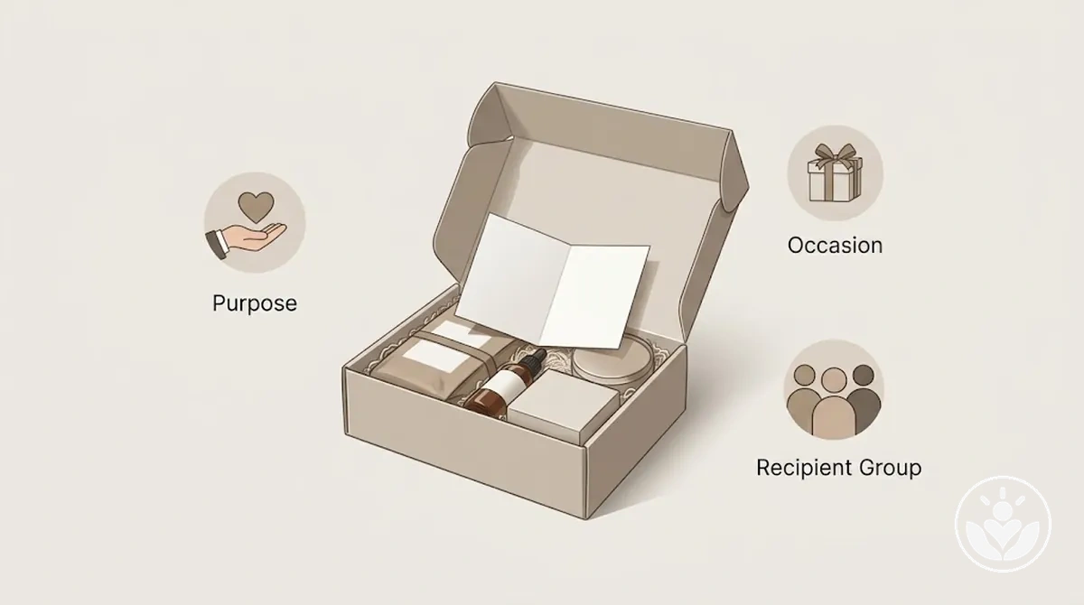 Planung von Geschenkboxen für Unternehmen nach Geschenkzweck, Anlass und Empfängergruppe (Kunden oder Mitarbeiter).