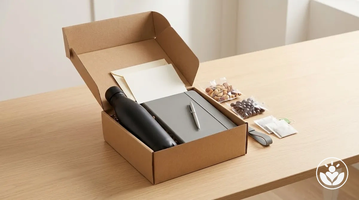Personalisierte Geschenkbox für Mitarbeiter zum Onboarding oder zur Anerkennung mit abgestimmten Inhalten und Grußkarte.