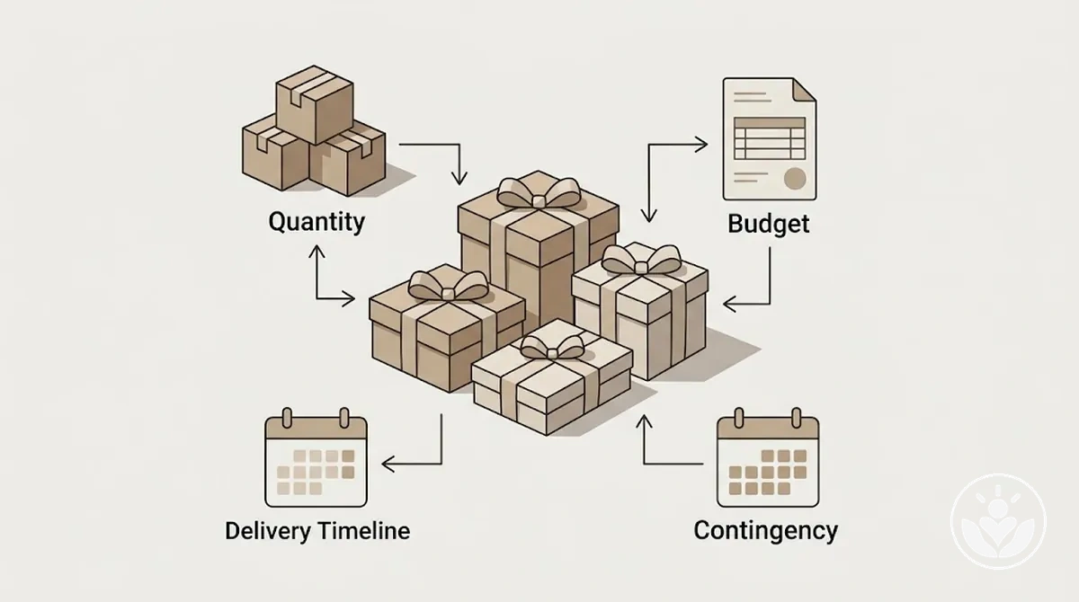 Diagramm zur Planung von Geschenkboxen für Unternehmen mit Verknüpfung von Menge, Budget und Lieferzeitplan.