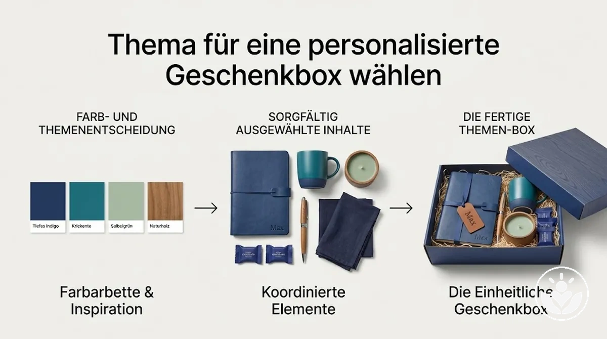 Inhalte einer personalisierten Geschenkbox abgestimmt auf ein klares Thema und eine Farbpalette