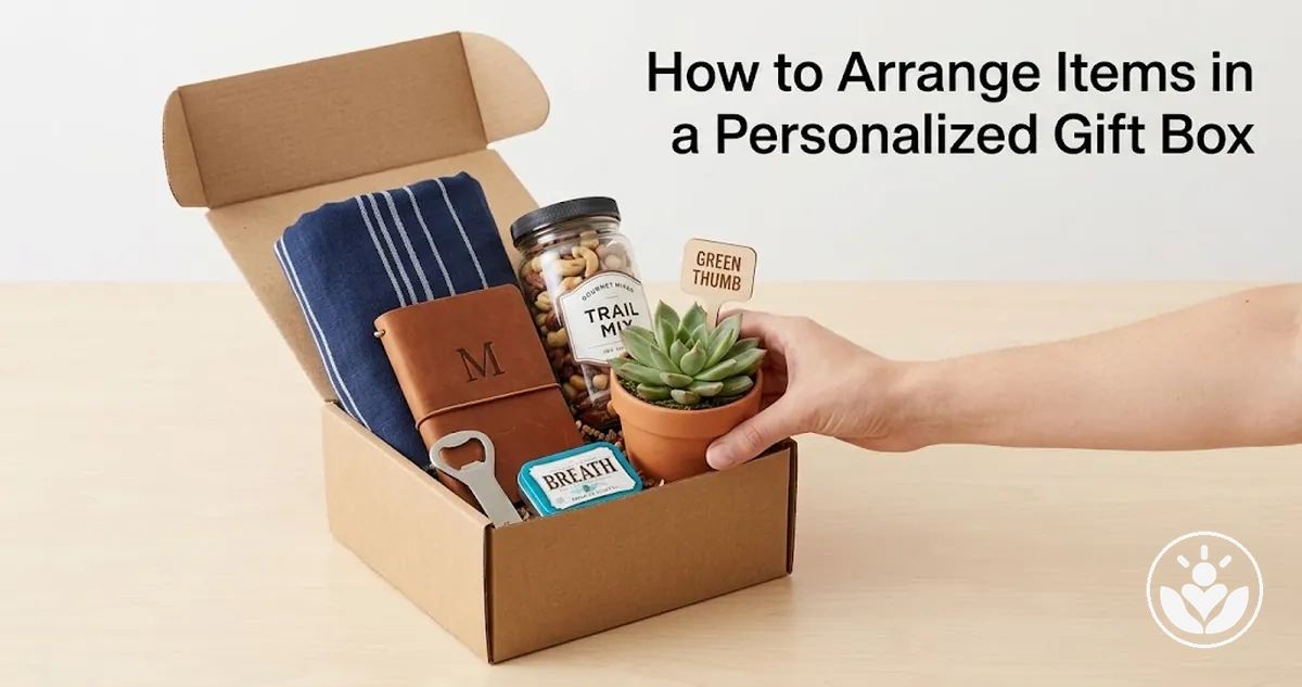 Personalized gift box with items arranged by size, height and focal position