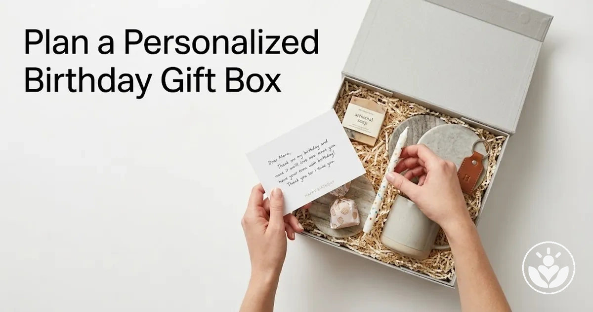 Personalized birthday gift box with coordinated themed items and a personal note
