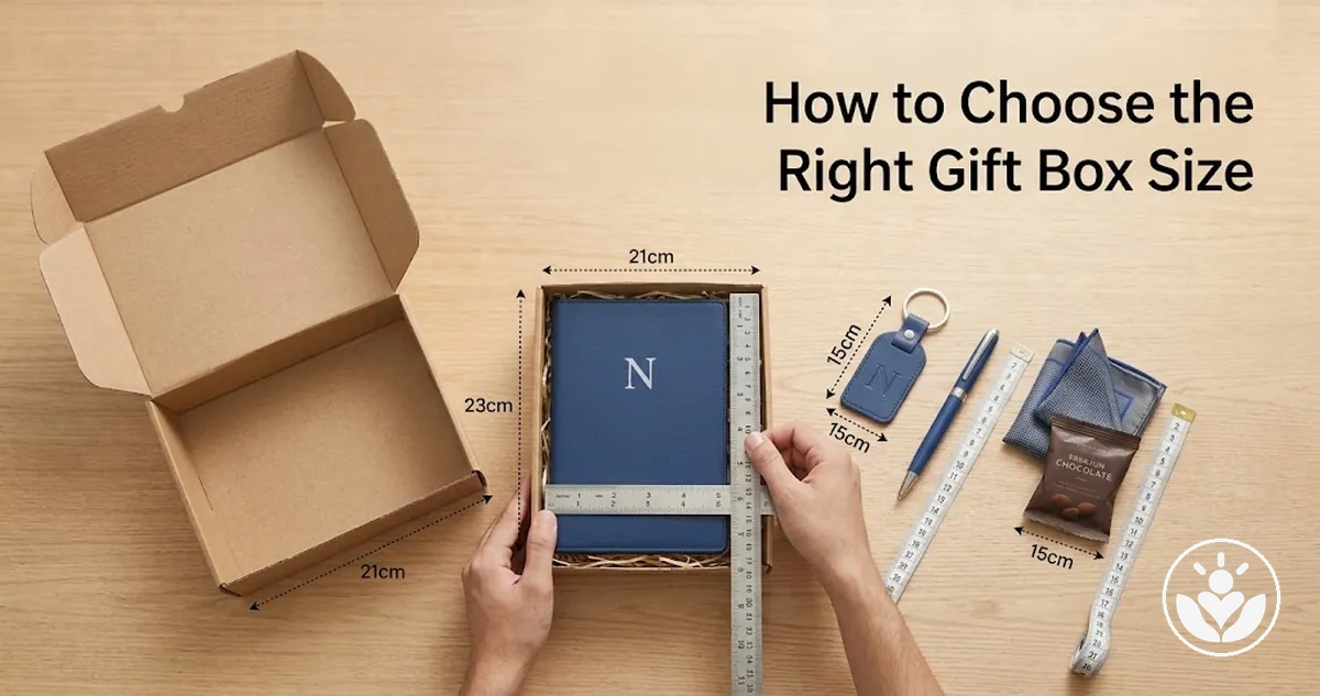 Gift items measured against a box to choose the right personalized gift box size