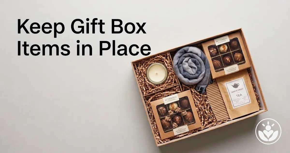 Gift box items secured with filler and cushioning to prevent movement