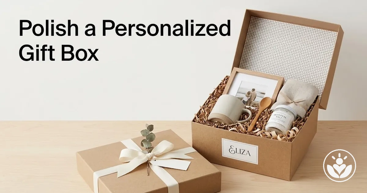 Polished personalized gift box with coordinated wrapping, filler and finishing details