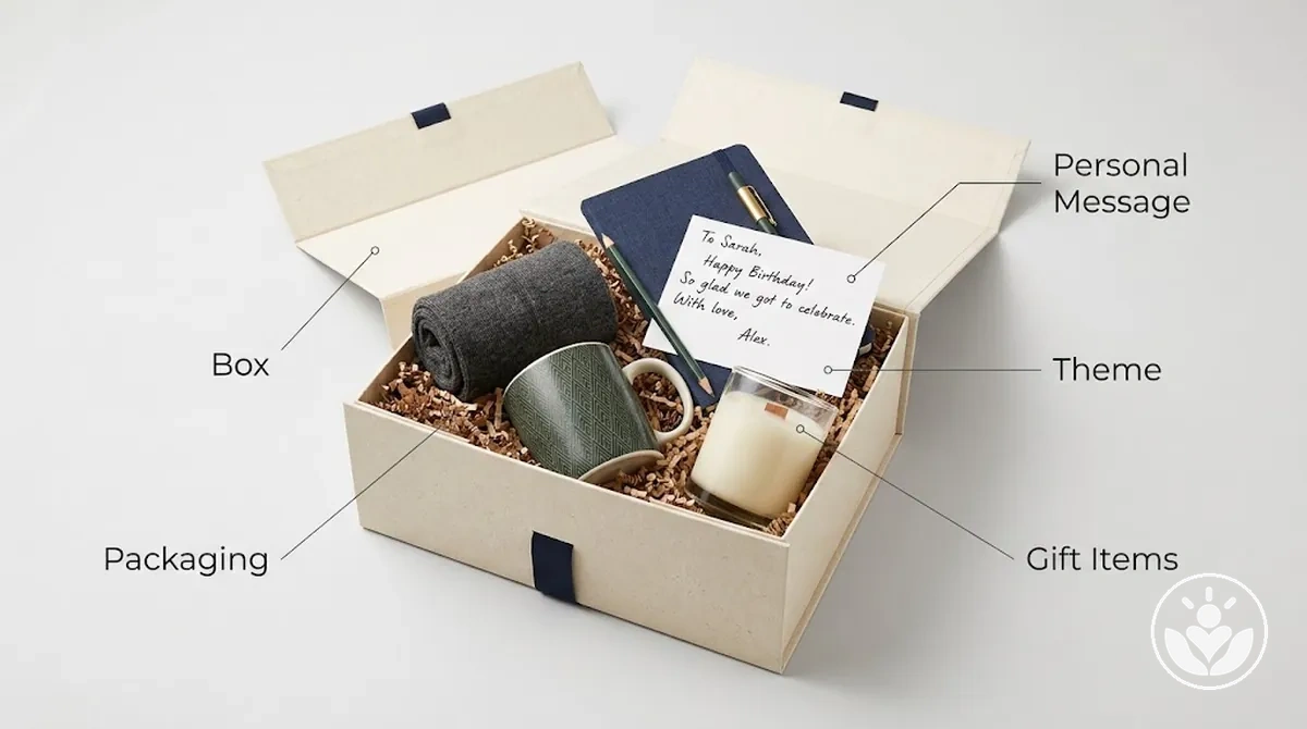 Labeled personalized gift box showing packaging, gift items, theme and personal message components.