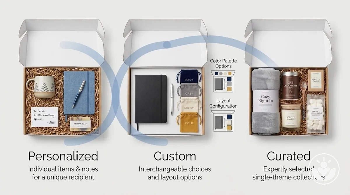 Comparison of personalized, custom and curated gift boxes showing their different emphasis and overlap.
