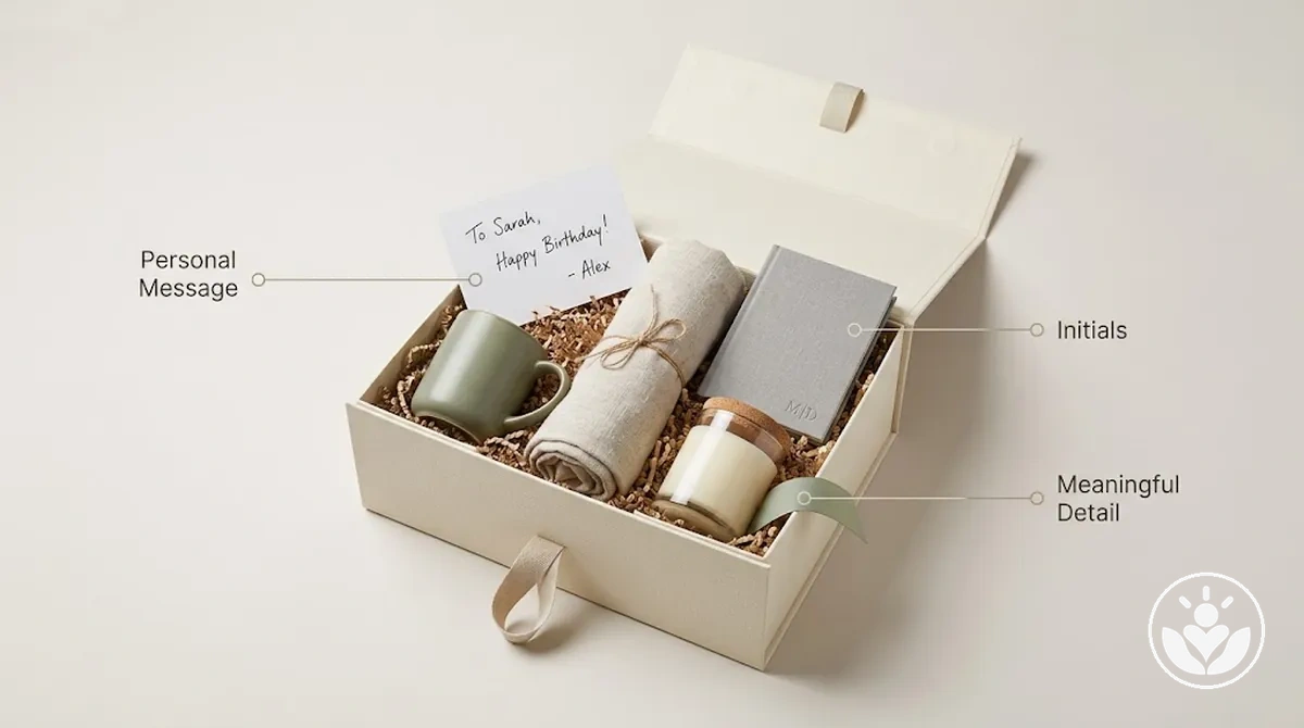 Personalized gift box with a handwritten message and recipient-specific details such as initials and coordinated colour choices.