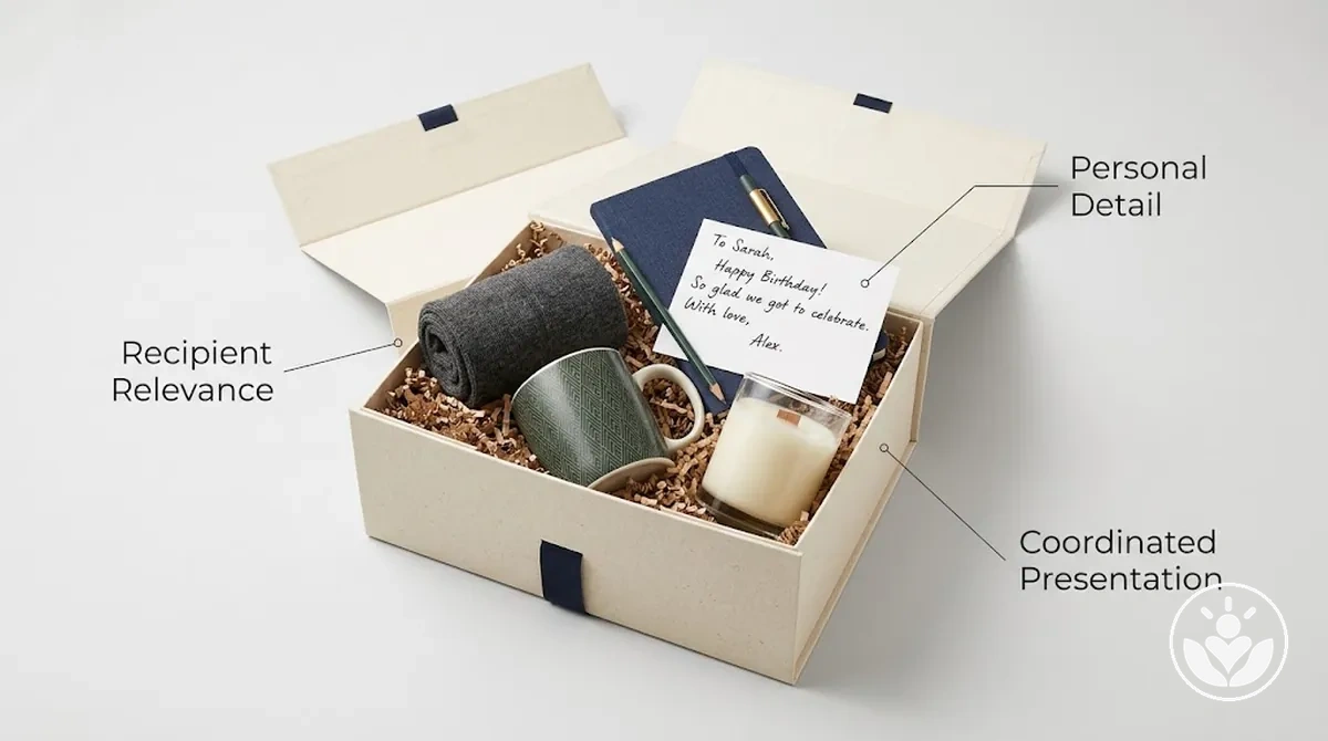Personalized gift box showing recipient-specific items, message and coordinated presentation.