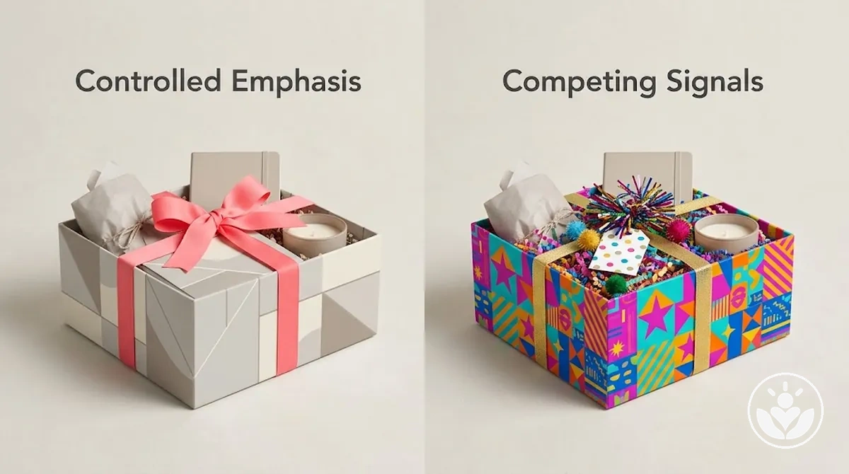 Gift box comparison showing controlled colour emphasis and competing colours and patterns
