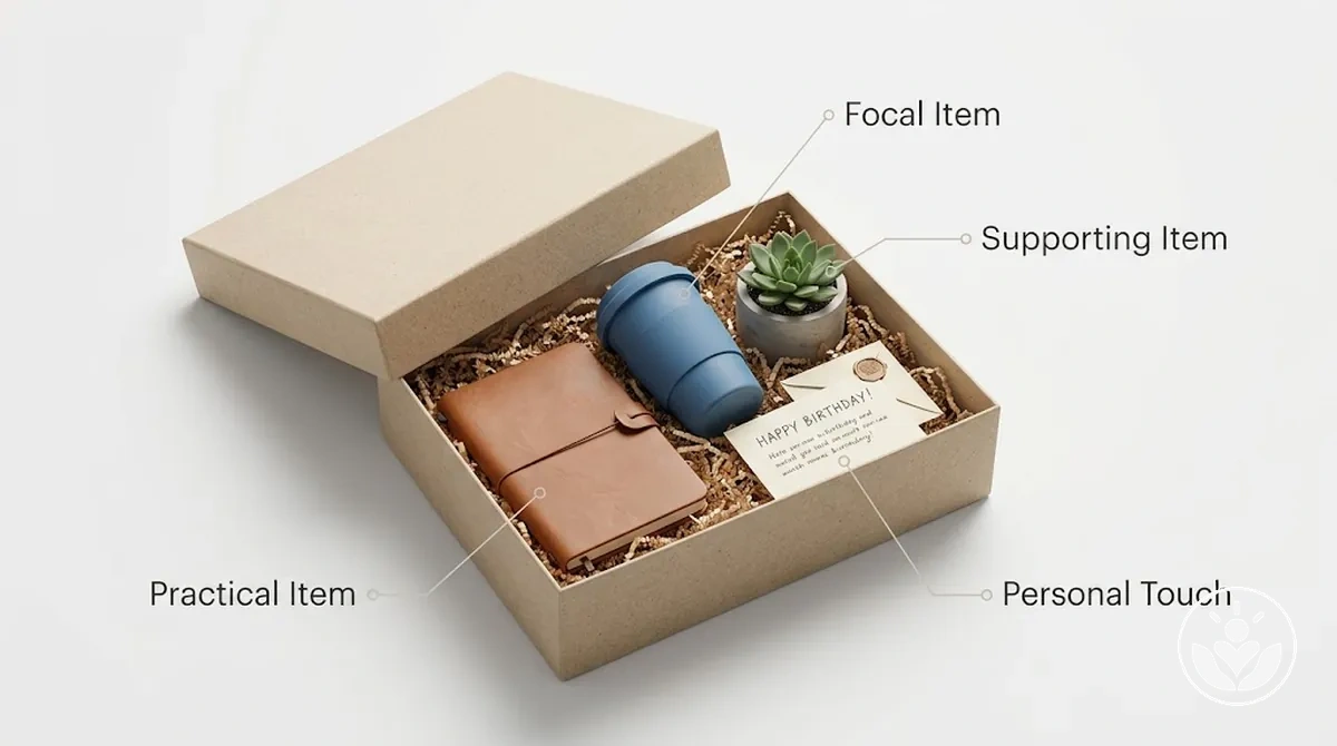 Annotated birthday gift box labeling focal, supporting, practical, and personal-touch items.