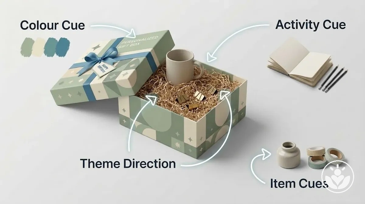 Annotated birthday gift box showing a recipient-led theme through coordinated colour and item cues.
