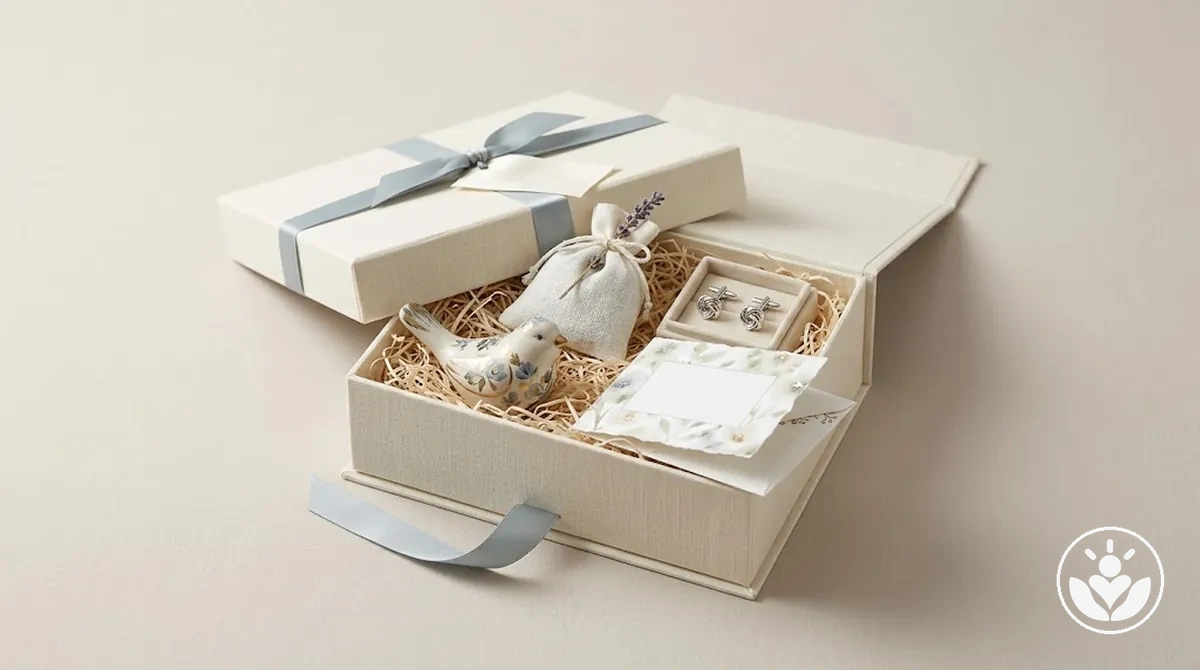 Wedding gift box personalized for one partner with individual details and a personal note.