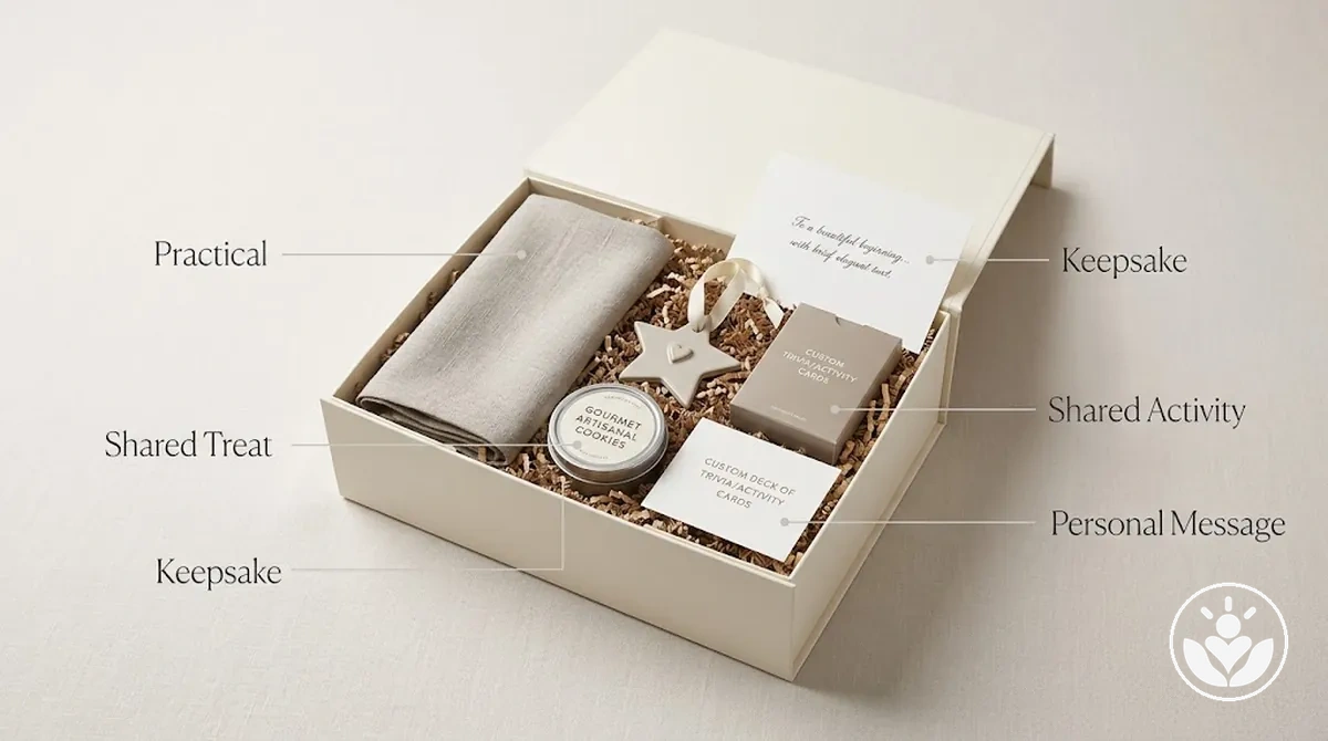 Annotated wedding gift box with coordinated practical, sentimental and shared-use contents.