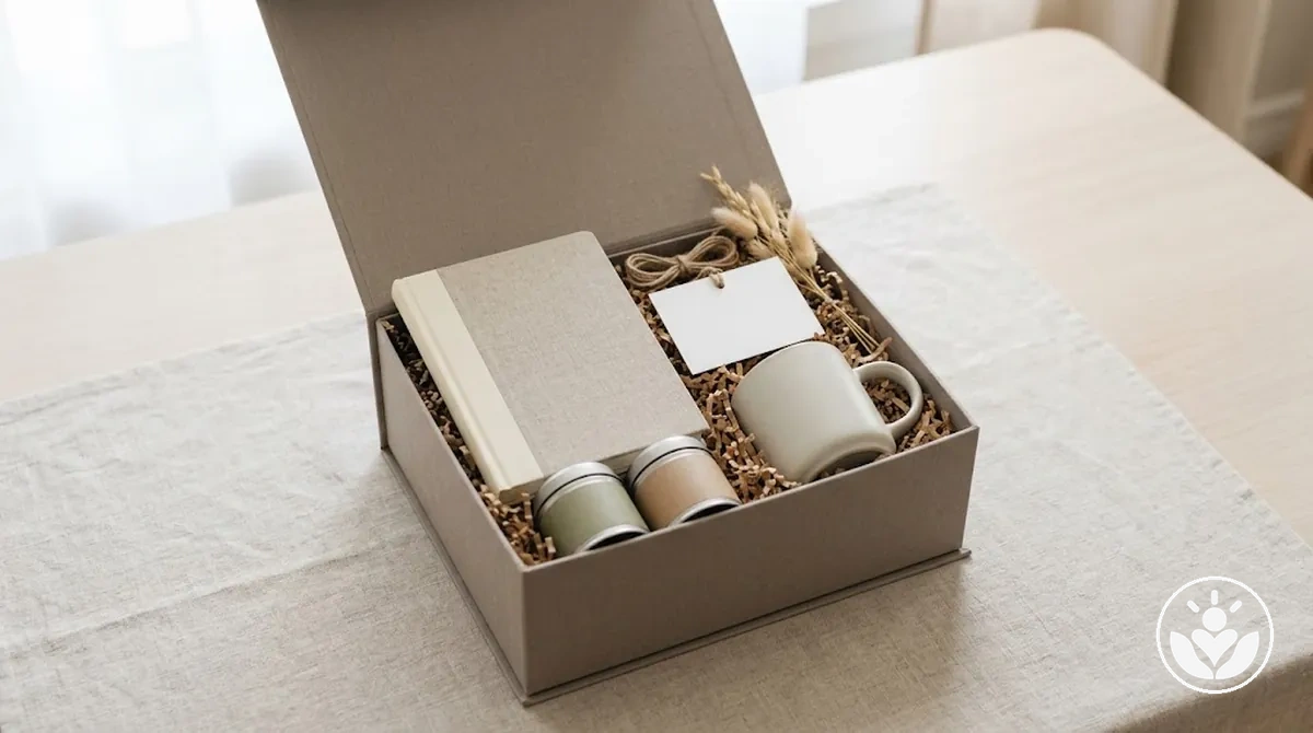 Personalized client gift box with professional presentation, message card and restrained branding.