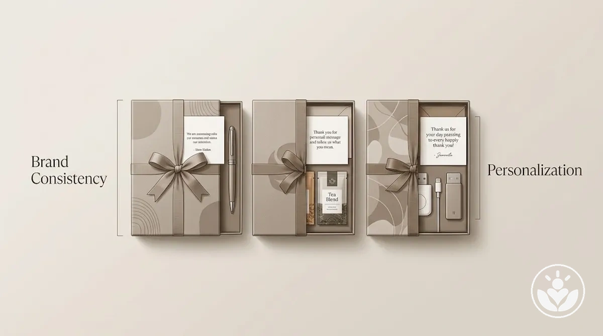 Corporate gift boxes with consistent brand styling and different recipient personalization details.