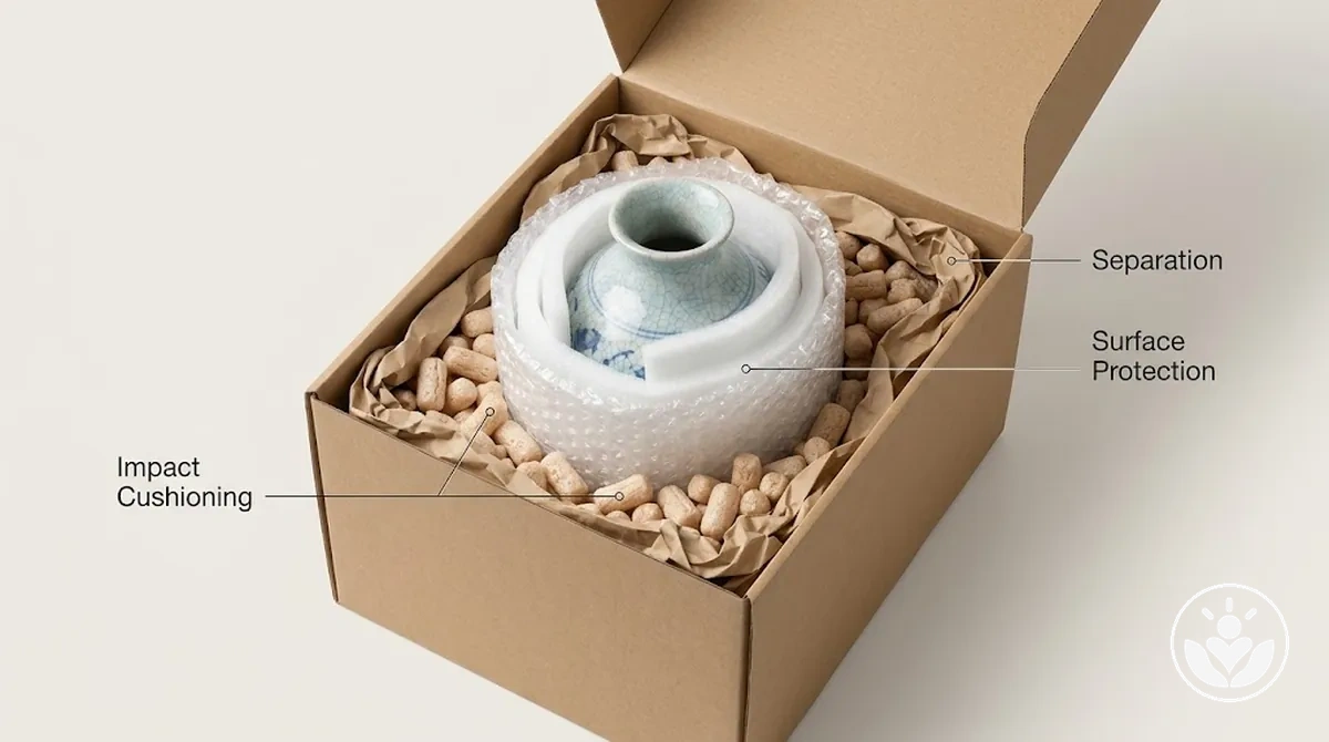 Protective cushioning around a fragile gift item with surface and impact protection points
