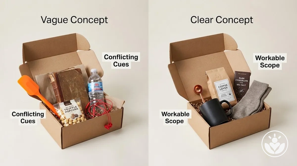 Gift box theme refined from a vague idea to a clear, workable concept.