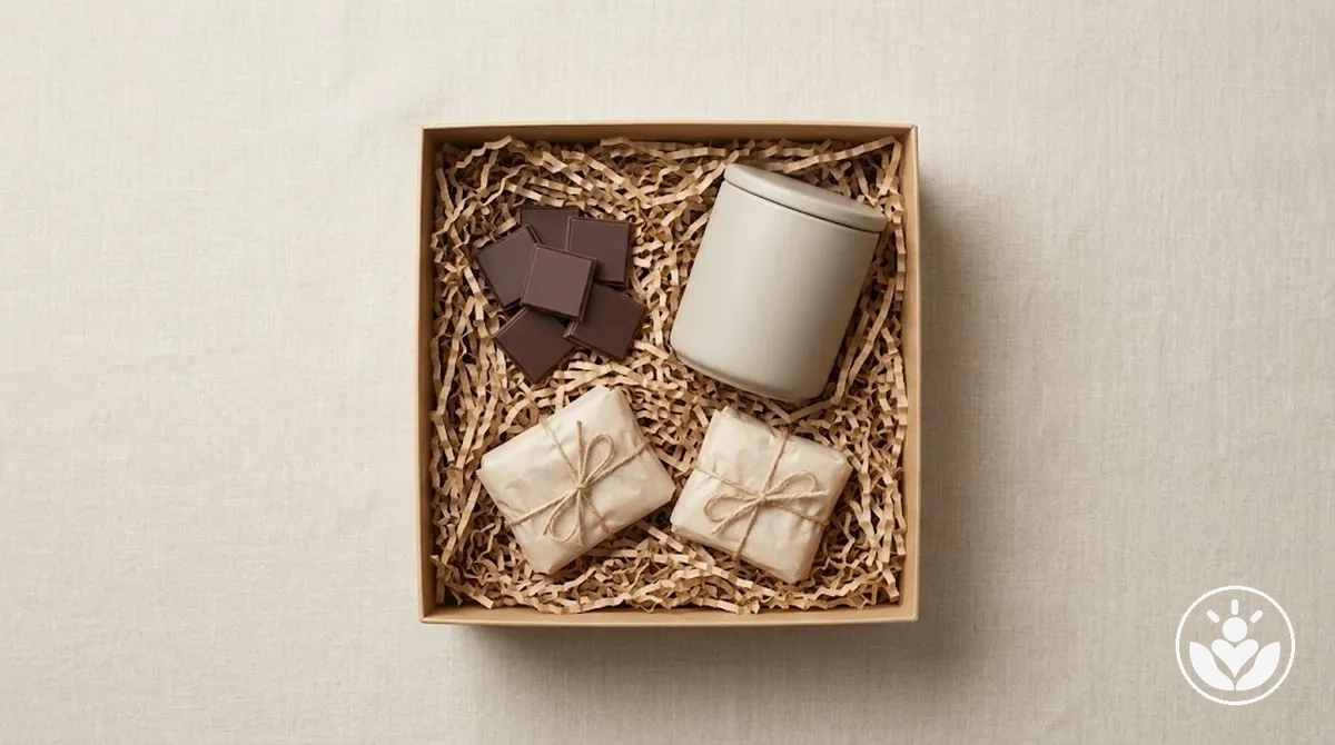 Non-branded tea, chocolate and snacks shown as consumable treats for a personalized gift box