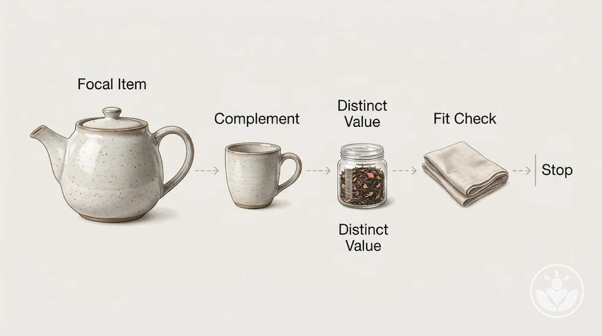 Supporting items added sequentially around a focal item with checks for fit and distinct contribution
