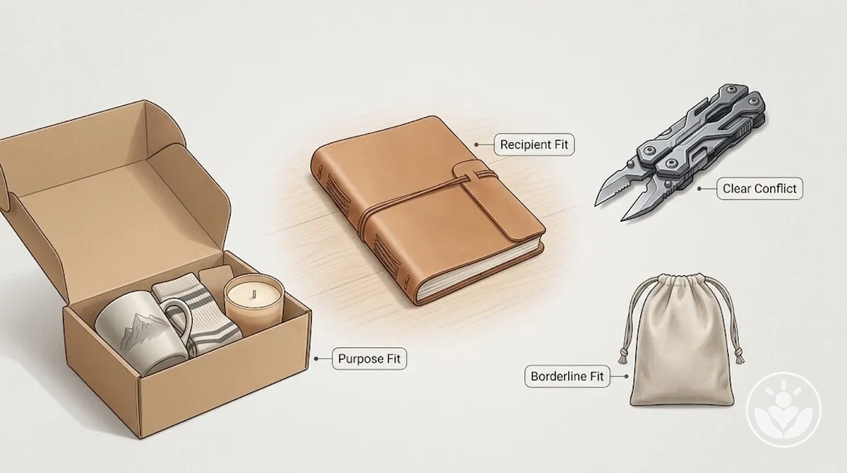 Candidate gift items being assessed for fit with the recipient, occasion, purpose, and curated set