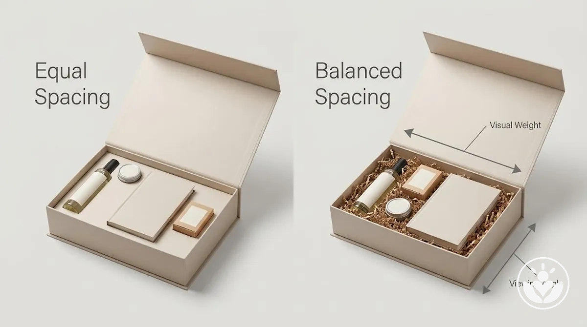 Comparison of equal spacing and visually balanced spacing in a personalized gift box arrangement
