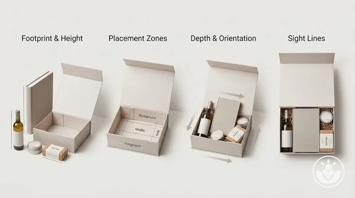 Step-by-step arrangement of mixed-size gift items by height, depth and position