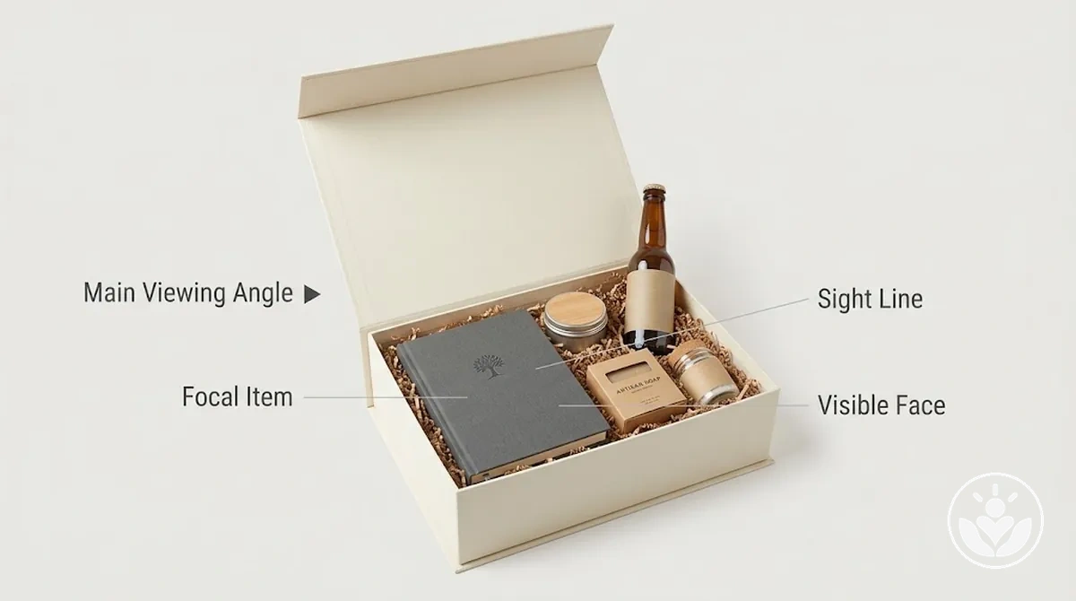Gift box viewed from the main opening angle with focal and smaller items clearly visible