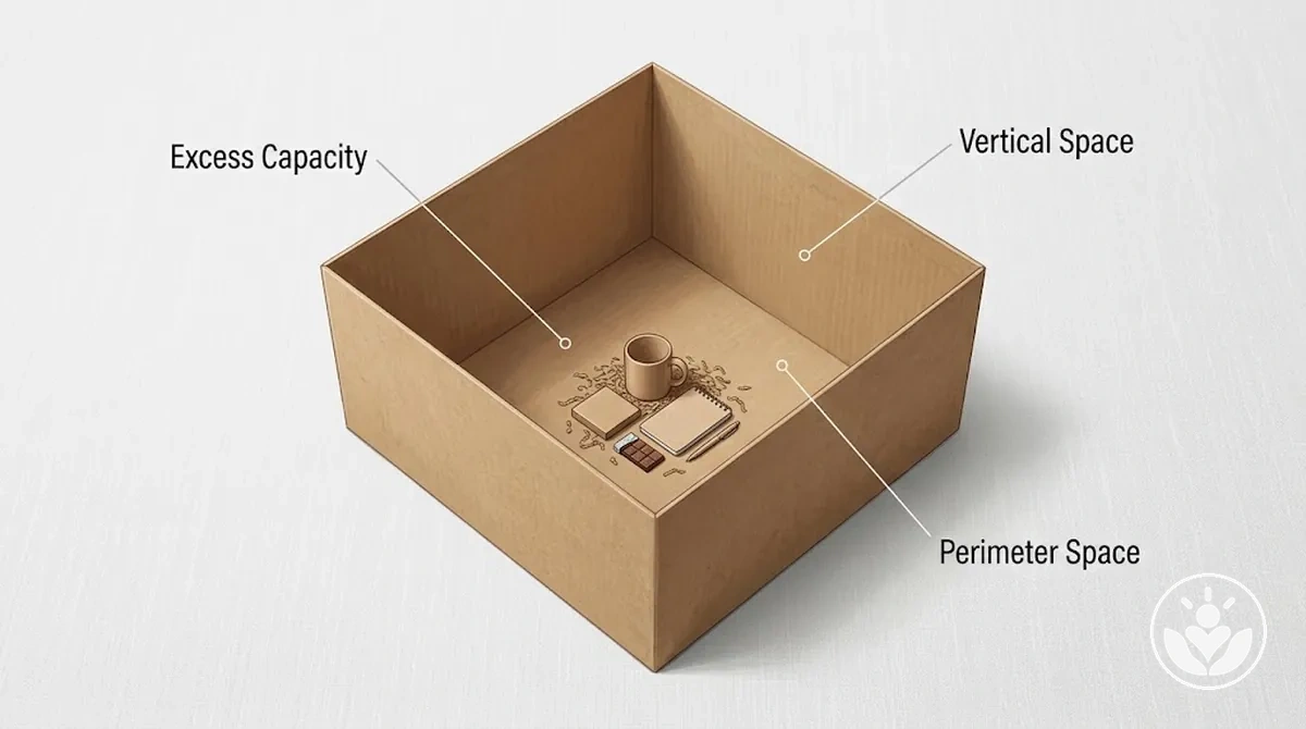 Oversized gift box with contents occupying a small area and widespread empty space