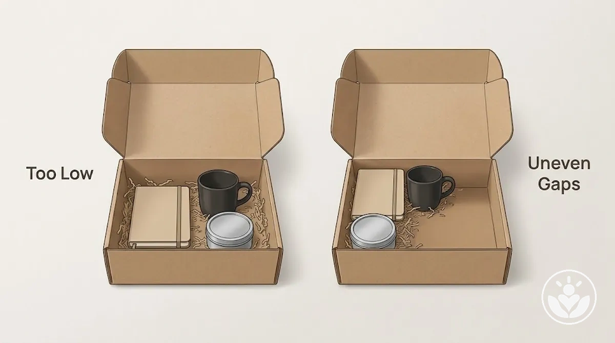 Gift box examples showing items sitting too low and leaving uneven gaps