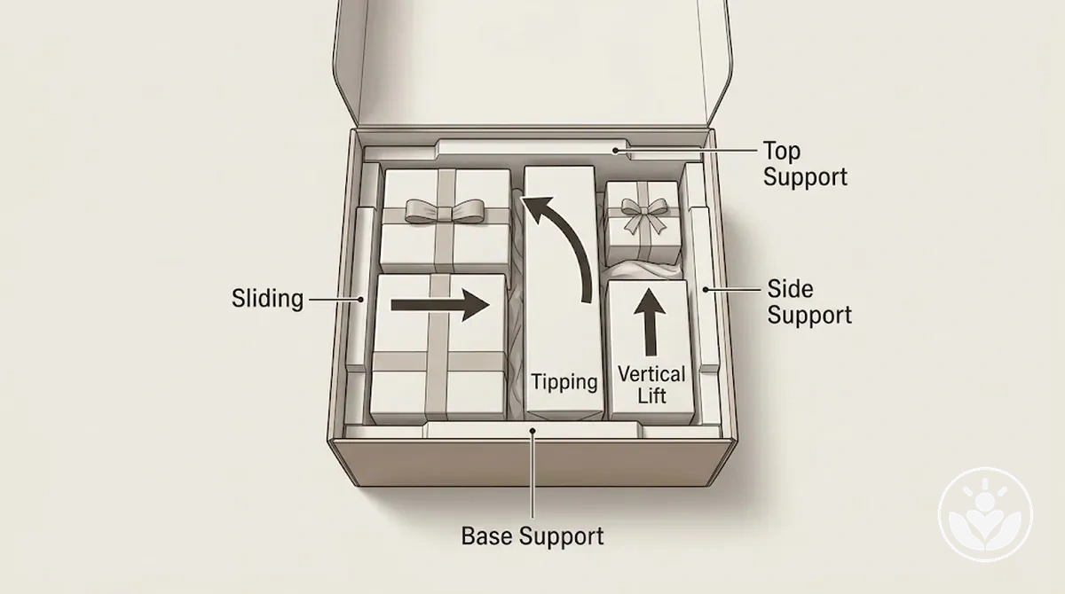 Gift box item movement directions showing sliding, tipping and vertical lift.