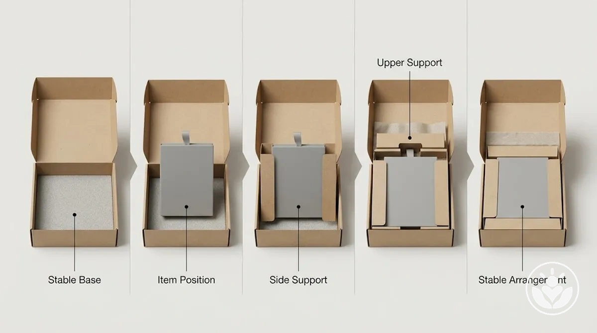 Non-adhesive gift box stabilization using base, side and top support.