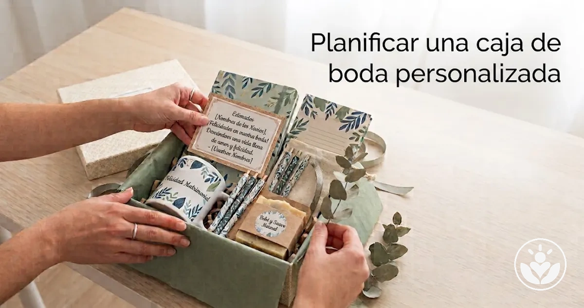 Caja de regalo de boda personalizada con artículos coordinados y una presentación elegante