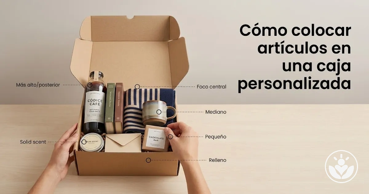 Caja de regalo personalizada con artículos colocados según tamaño, altura y punto focal
