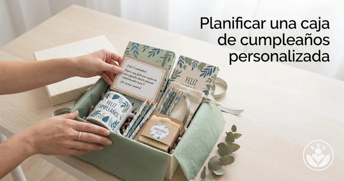 Caja de regalo de cumpleaños personalizada con artículos temáticos coordinados y una nota personal