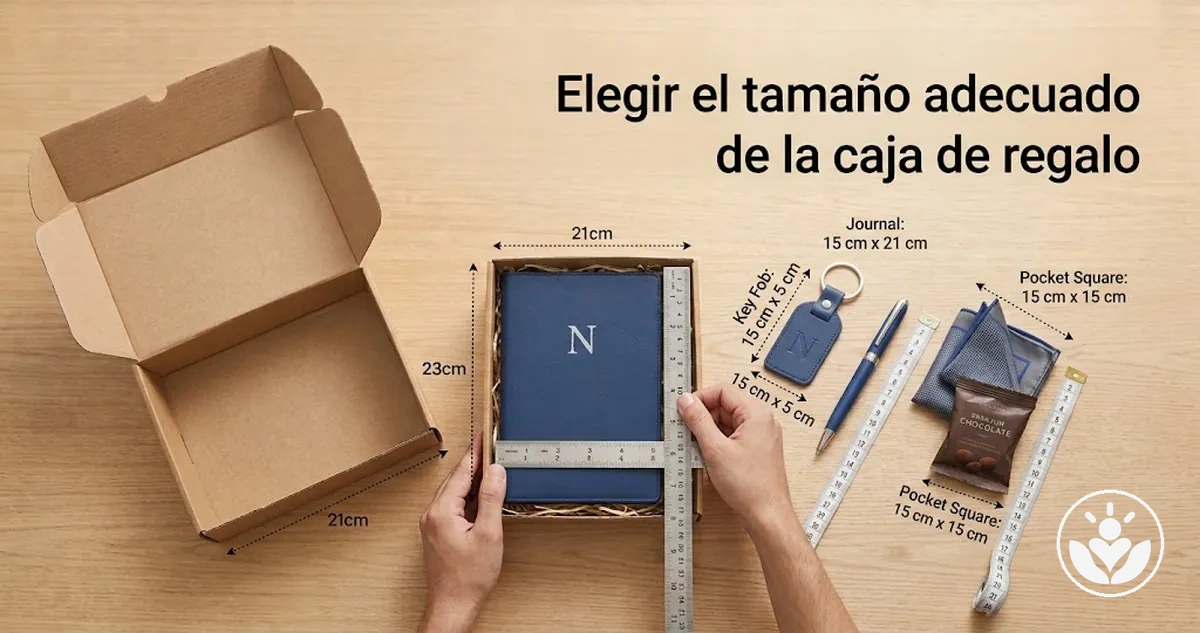 Artículos de regalo medidos junto a una caja para elegir el tamaño adecuado