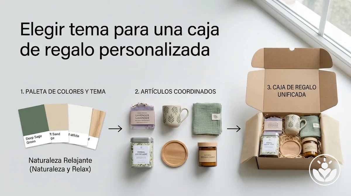Artículos de una caja de regalo personalizada coordinados por tema y paleta de colores