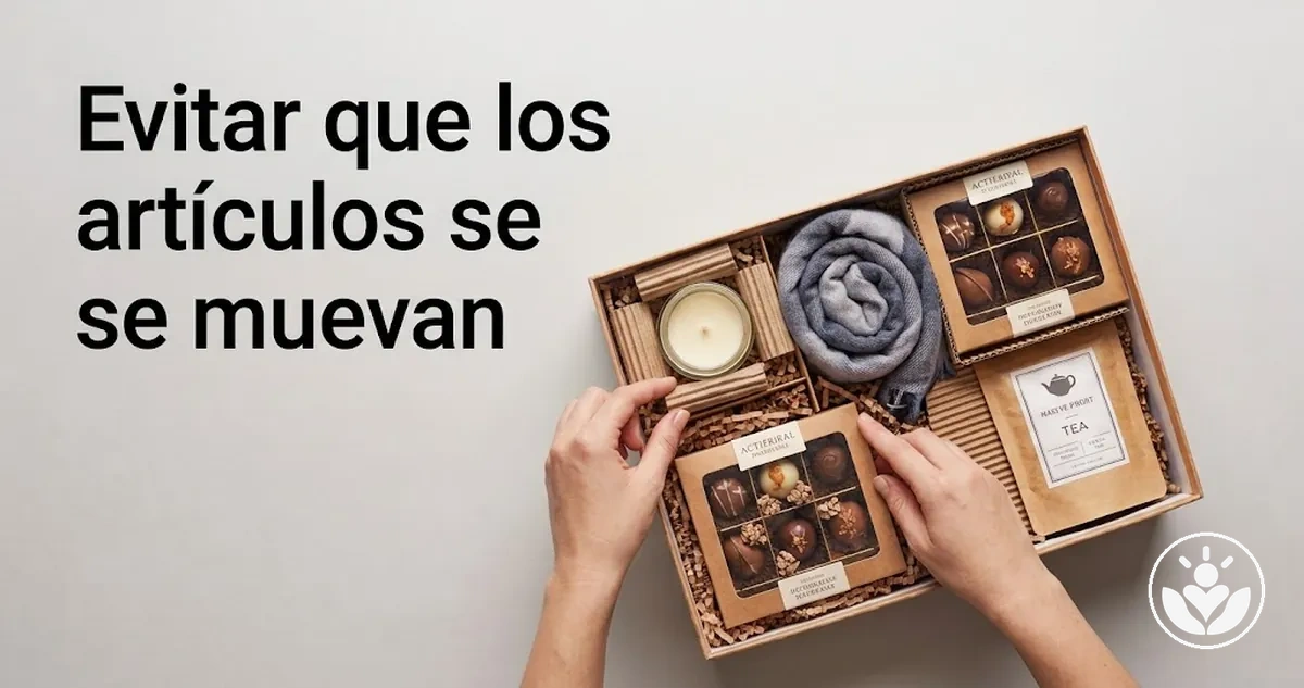 Artículos de una caja de regalo sujetos con relleno y protección para evitar que se muevan