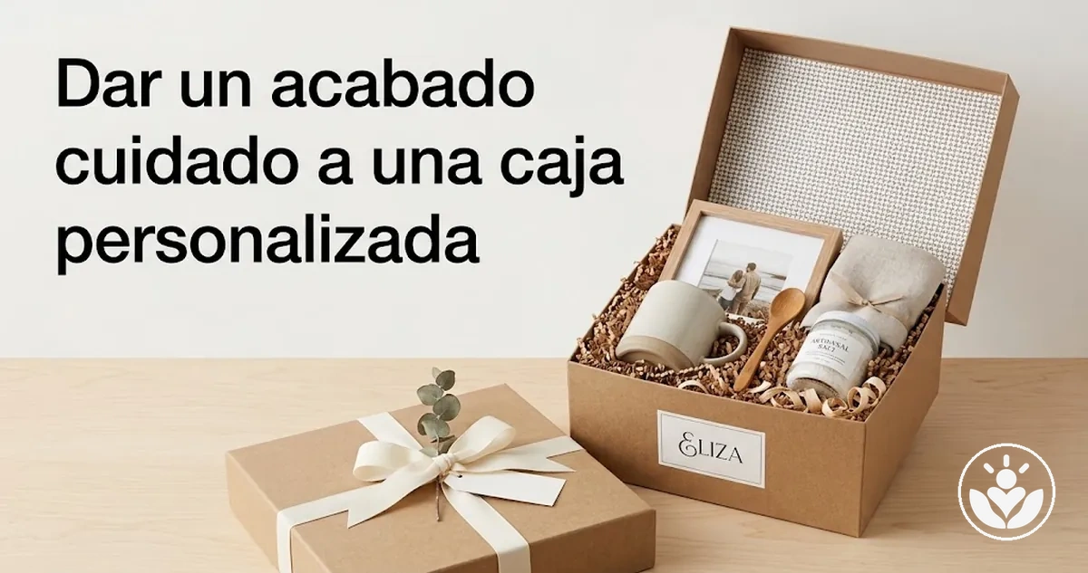 Caja de regalo personalizada con envoltorio, relleno y detalles finales coordinados