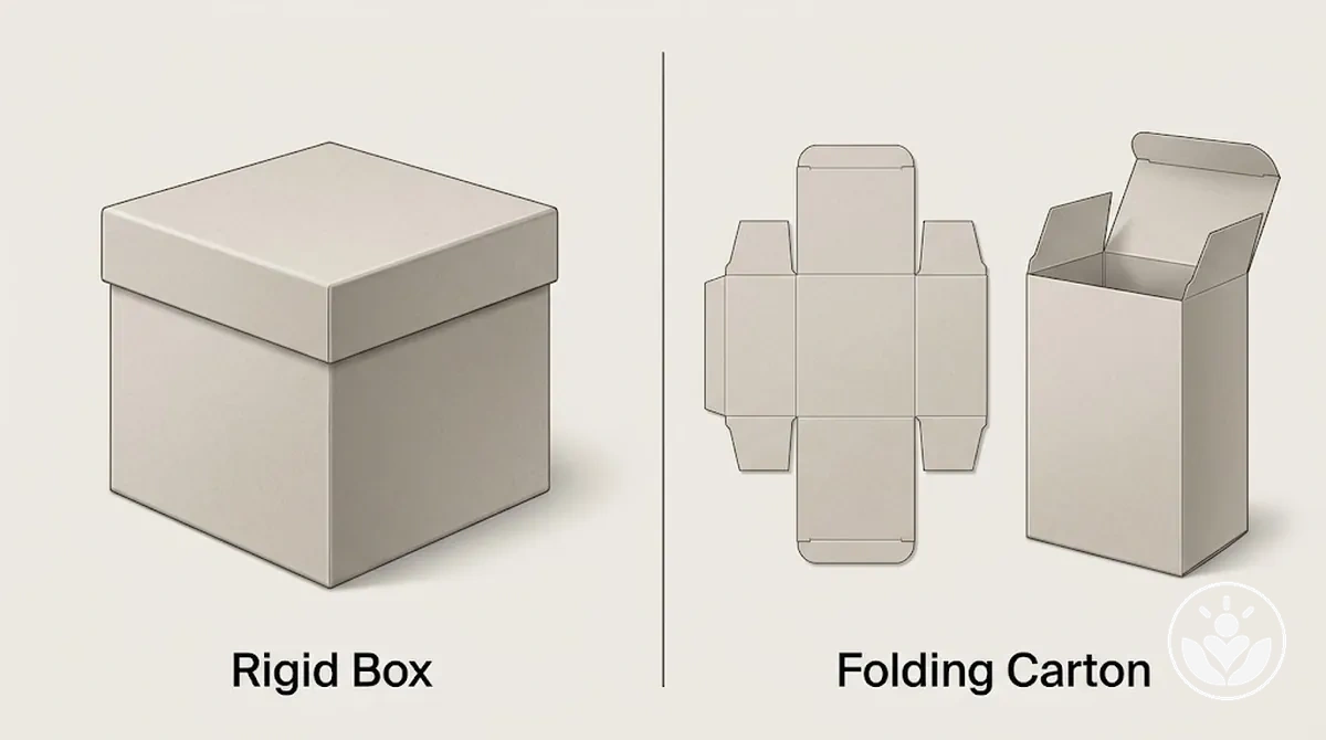Caja rígida que conserva su forma junto a una caja plegable de cartoncillo mostrada plana y montada