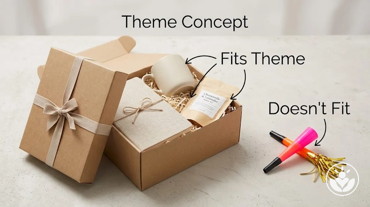 Caja de regalo personalizada organizada en torno a un concepto de tema claro y coherente.