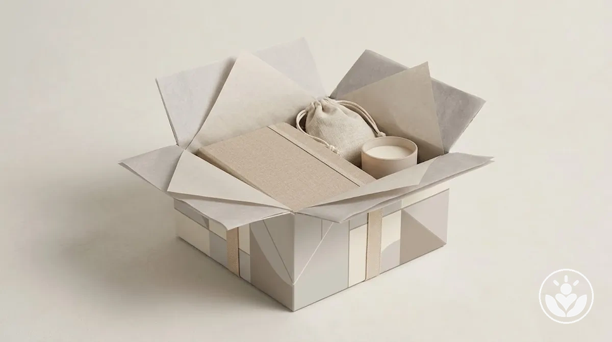 Interior de caja de regalo forrado y enmarcado ordenadamente con papel de seda proporcionado