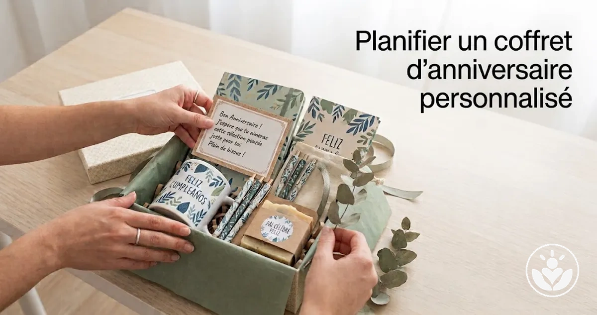 Coffret cadeau d’anniversaire personnalisé avec des éléments thématiques coordonnés et un message personnel